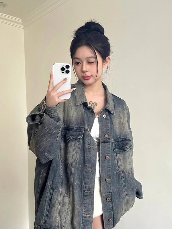 美式复古水洗做旧磨破牛仔外套女春秋新款潮牌宽松休闲夹克上衣|undefined