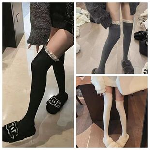 Pure college style lace over-the-knee socks women's sexy long-leg retro stitching Stockings knitted socks autumn and winter Princess