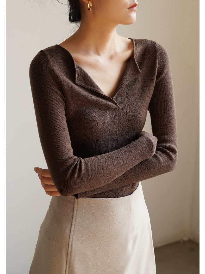 SS STUDIO フレンチスタイルのゆったりとした襟付きカシミヤVネックニットセーター レディース 秋冬用インナーウェア