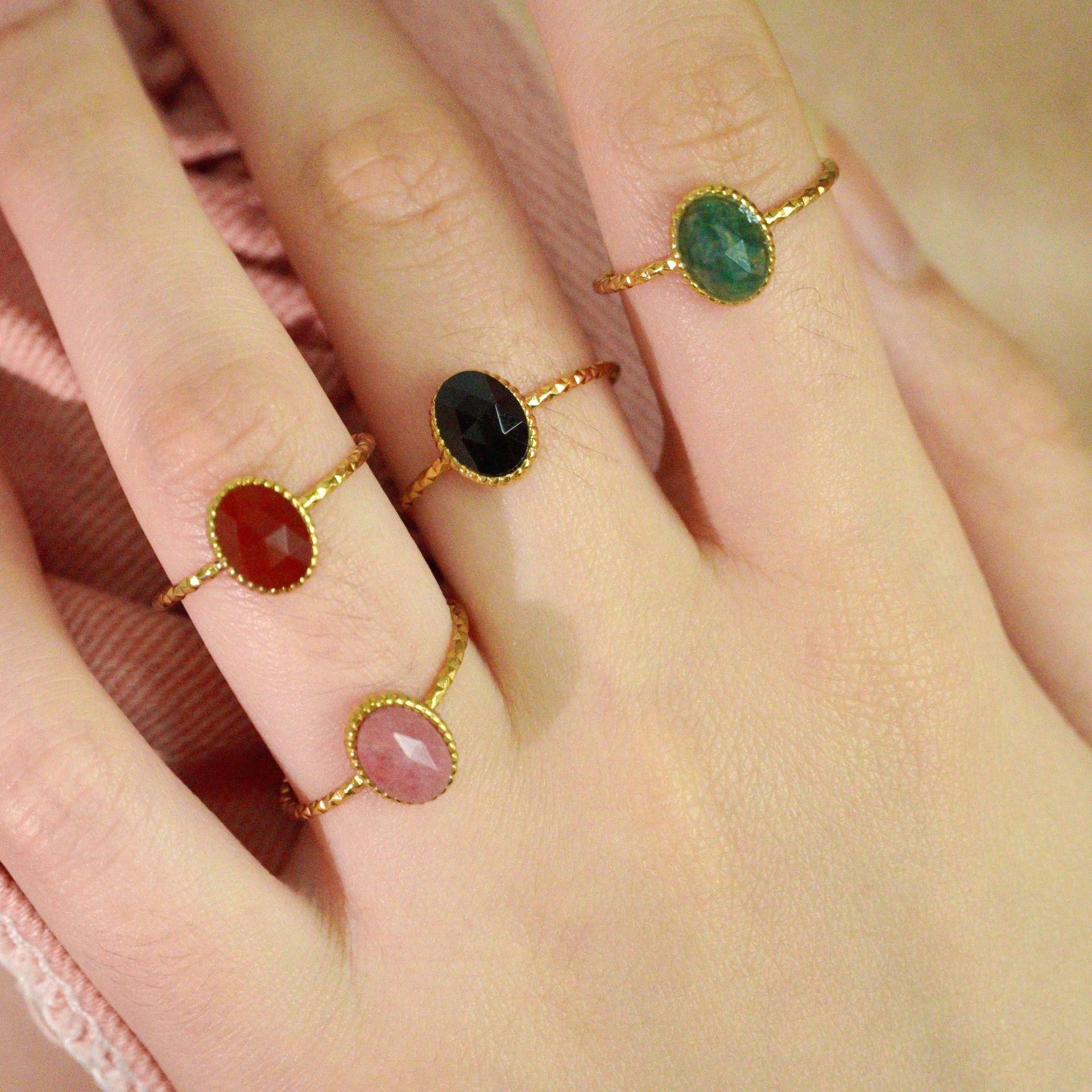 Natural Stone Inlay Material Retro French Style Geometric Titanium Steel Natural Stone Open Rings In Bulk