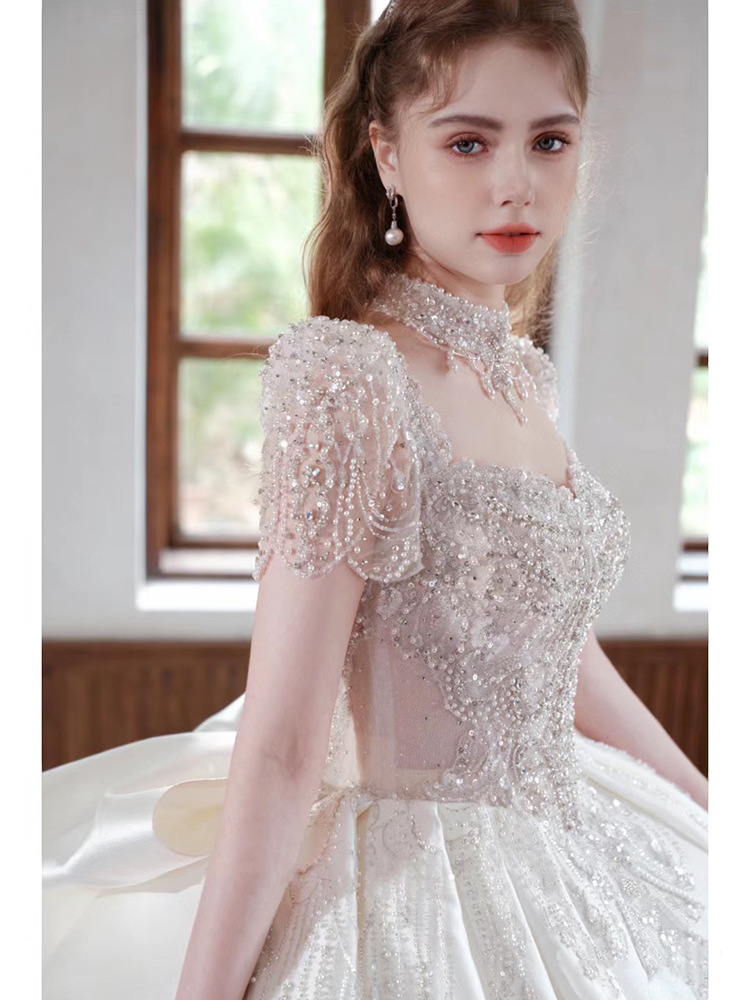 Vestido de novia principal de satén francés, modelo nuevo 2025 para novias pequeñas, artesanía de alta calidad, alta gama, talla grande, cola larga D106