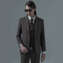 高端全毛西装气质长袖外套修身男士西服棕色西装三件套