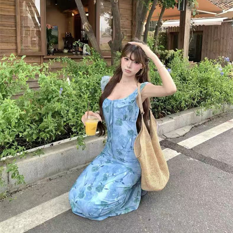 ブルーローズプリントドレス 2025 夏の新甘い痩身休暇スタイルノースリーブミッドレングススカート女性のための|undefined