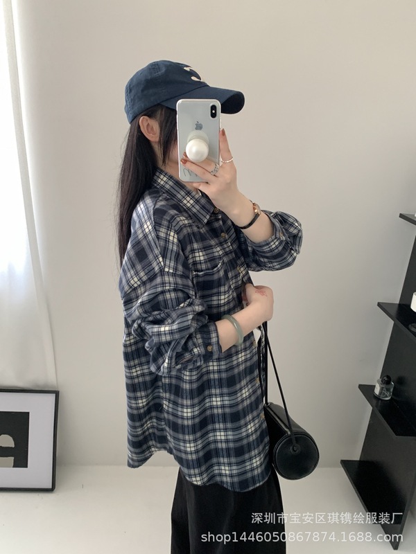 琪镌绘制秋季格子衬衫女装长袖上衣韩系宽松慵懒风开衫衬衣728254|undefined