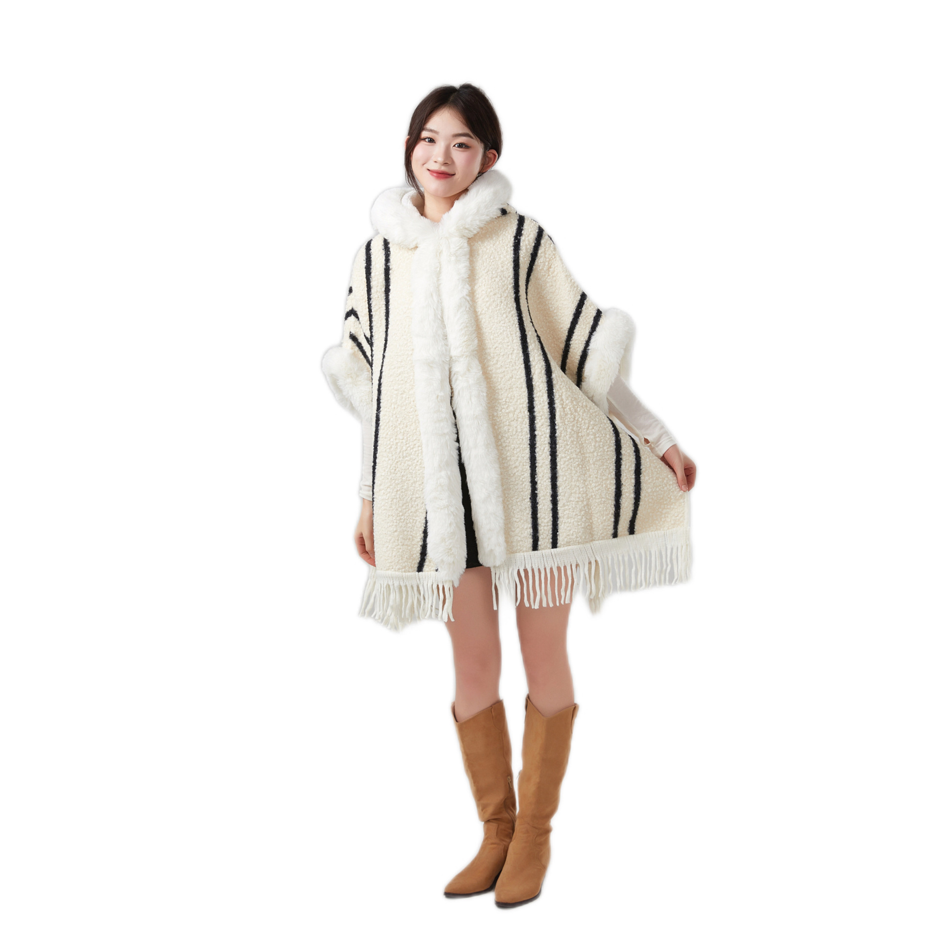 Women's Coat With Fringe Hooded Warm Cape, Terry Cloth Lining, Thickened Wool, Oversized Cardigan_voghion.com