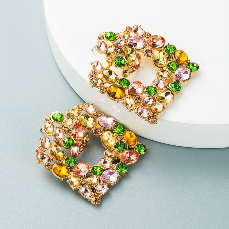 Exaggerated Geometric Square Color Diamond Earrings Fashion Alloy Hollow Inlaid Rhinestone Earrings display picture 8