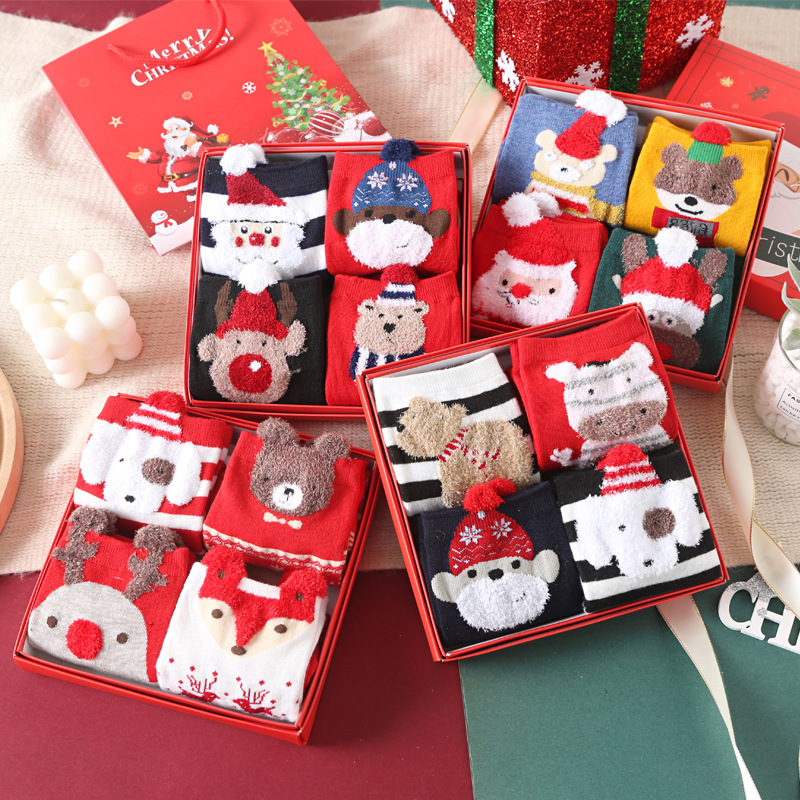 Christmas Socks Boxed Cartoon Socks Red Gift Box Mid-tube Women's Cotton Socks This Life Year Socks Women's Autumn and Winter Three-dimensional Women's Socks