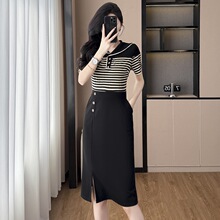 条纹拼接假两件套修身显瘦大码女装胖夏季新款短袖连衣裙妈妈装