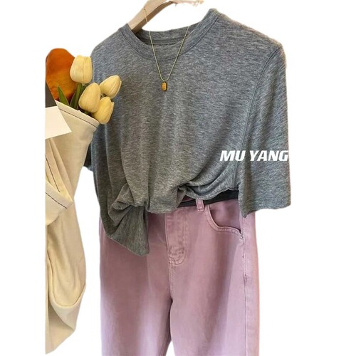 High-quality heavy industry pure color short-sleeved women's summer Korean-style meat-hiding round neck turtleneck basic design fashionable top