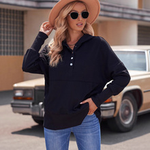 秋冬新款螺纹拼接连帽卫衣女 欧美休闲纯色宽松套头长袖打底衫女