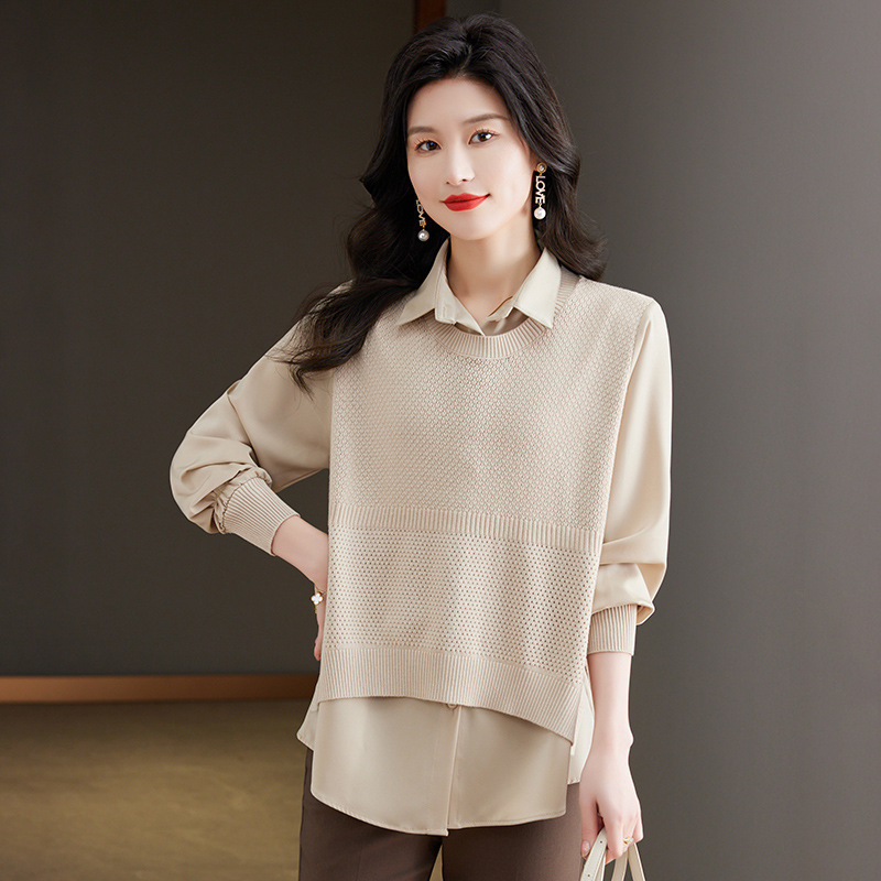 Fake Two-Piece Shirt with Knitted Vest for Women, 2026 Early Spring and Autumn New Style, Loose and Lazy Style Sweater, Fashionable Top