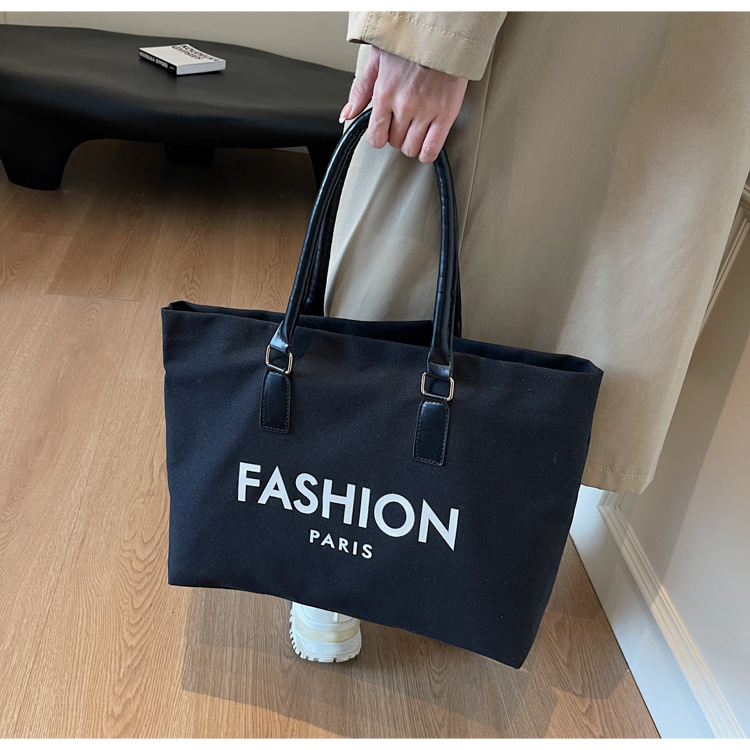 262g Weight Polyester Lining Material Open Closure Type Single Shoulder Strap Strap Type Tote Bag Bags Type Holiday, Daily Occasion Canvas Material Letter Pattern All Seasons Season Women's Gender Classic Style Style Square Shape Large Size Women's Large Canvas Letter Classic Style Square Open Tote Bag 24