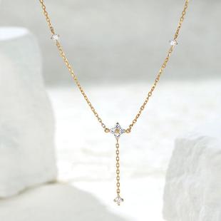 S925 Sterling Silver Plated 18K Gold Four-Leaf Clover Zircon Pendant Necklace Clavicle Chain Cool Autumn and Winter Sweater Chain Simple