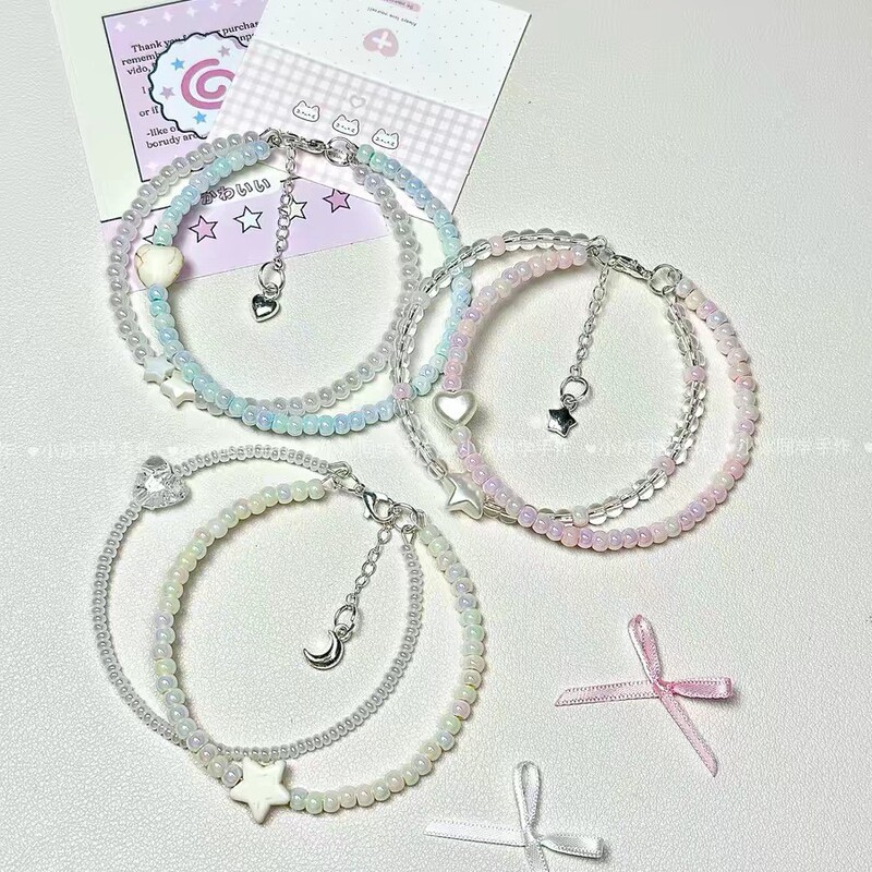 Memory Steel Wire Beaded Double-Circle Bracelet with Premium Rice Beads, Cute Accessory for Layering, Girly Niche Bracelet Design
