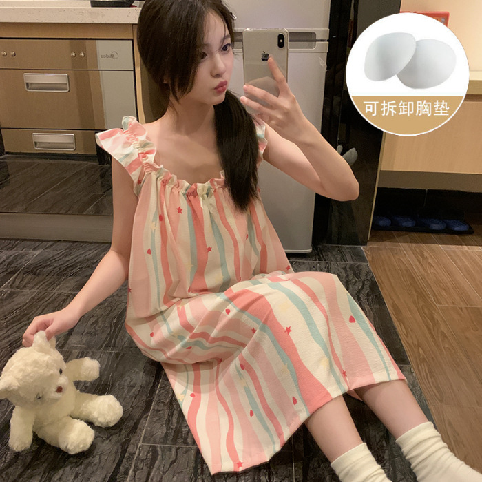 Pijama de verano, vestido de mujer, nuevo estilo con cojín de pecho, flores dulces, estudiantes, pijamas caseros, cabello de acento