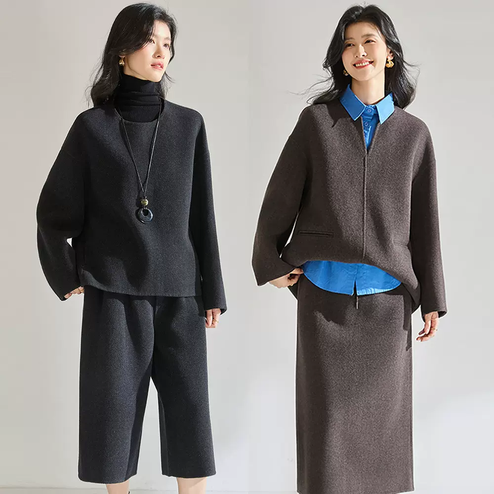 25秋冬新款简约廓形双面呢羊毛呢套装静奢风上衣+裤子+半裙29036