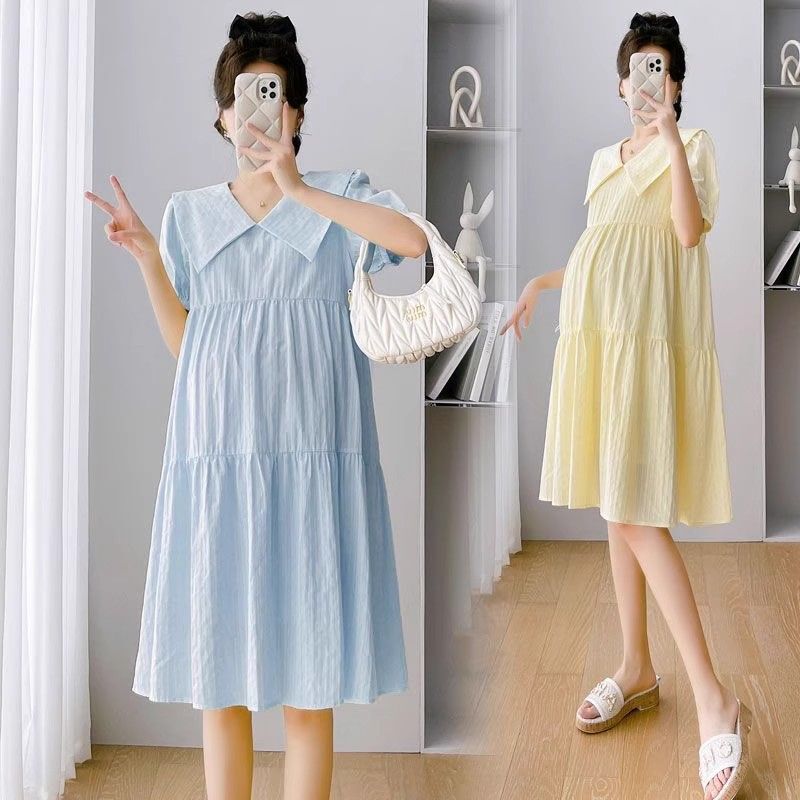 Maternity Wear, Small Fresh Doll Collar Short-Sleeved Dress for Women, Summer Sweet Age-Reducing Belly-Covering Loose Elegant Maternity Dress