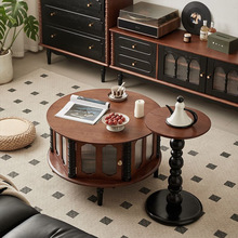 法式全实木复古茶几复古风圆形组合家用户型玻璃美式古风长虹茶桌