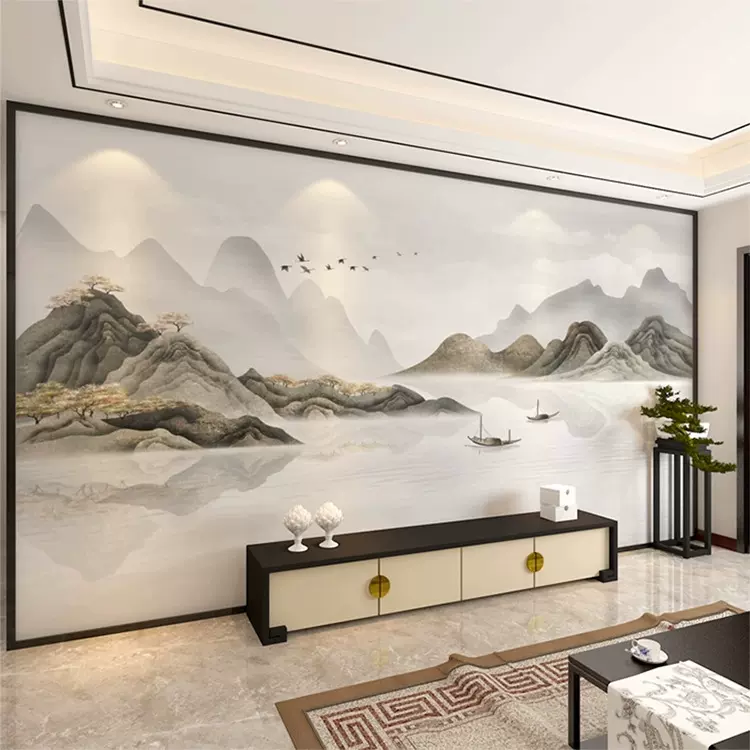 3d立体新中式水墨山水画壁布客厅电视背景墙沙发壁纸影视墙布壁画