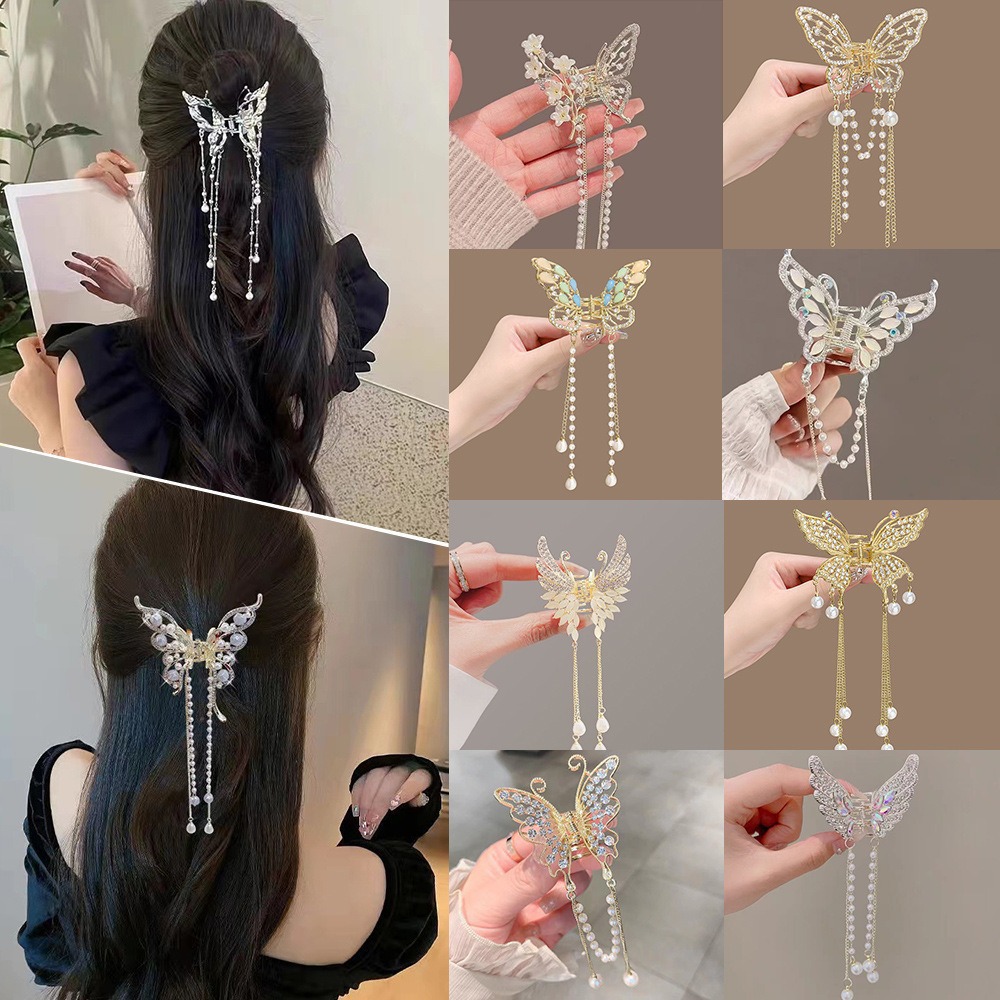 Cross-Border Metal Butterfly Hairpin, Feminine and High-End Half-Tied Hair Tassel Pendant 2024 Lantern Festival Back of the Head Clip