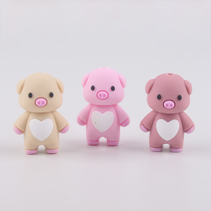 Spot venta caliente 3d cuentas de silicona tridimensional animales lindos con cuentas de mordedor de dibujos animados cerdo cuentas de silicona al por mayor