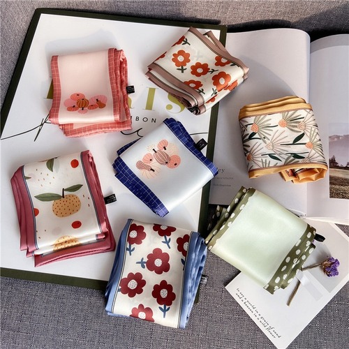 Korean ins spring and summer scarf Internet celebrity flower small silk scarf women's long versatile decorative scarf spring and autumn thin ribbon