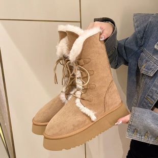 Thick-soled snow boots women's 2024 winter new lace-up two-wear fleece-lined thickened northeast large cotton shoes cotton boots