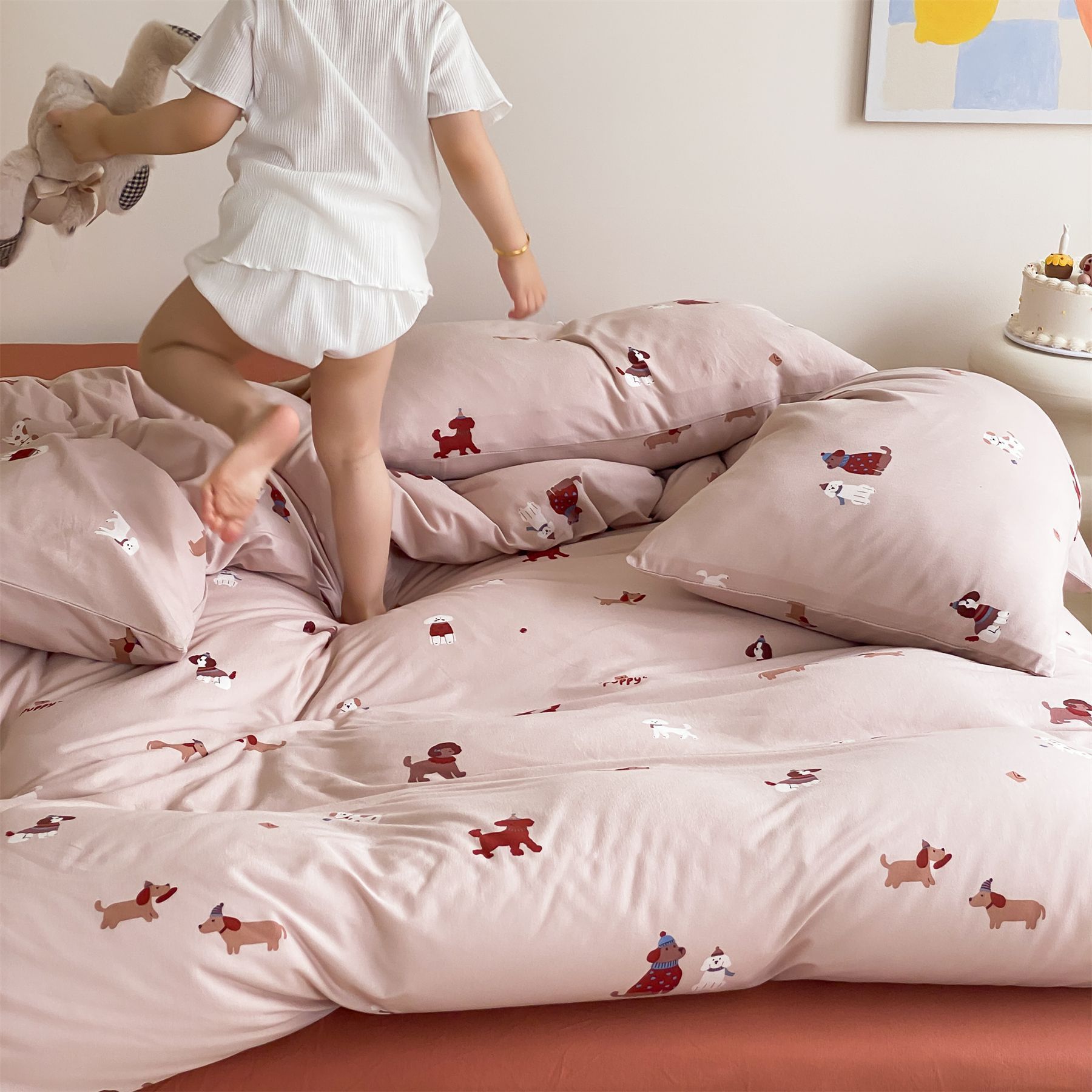 Ins Japanese-style children's cartoon cotton knitted cotton three four-piece set A baby Tianzhu cotton bed hat Christmas style