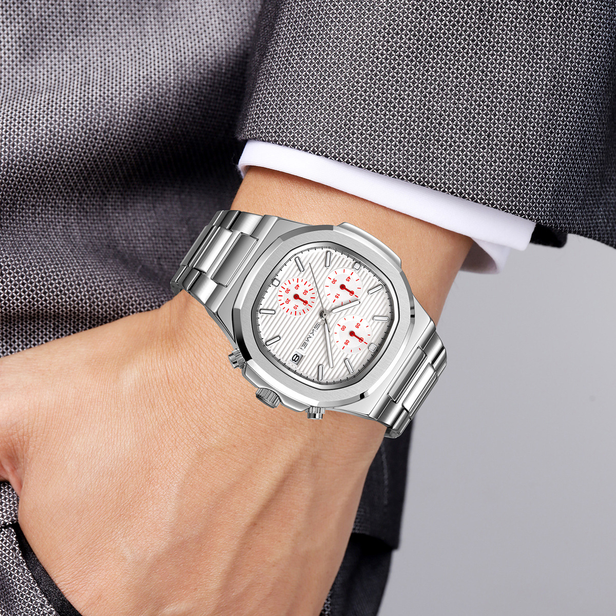 Momento de tres ojos seis agujas reloj de cuarzo para hombres nocturna multifuncional deportivo impermeable reloj de negocios fuente mayorista