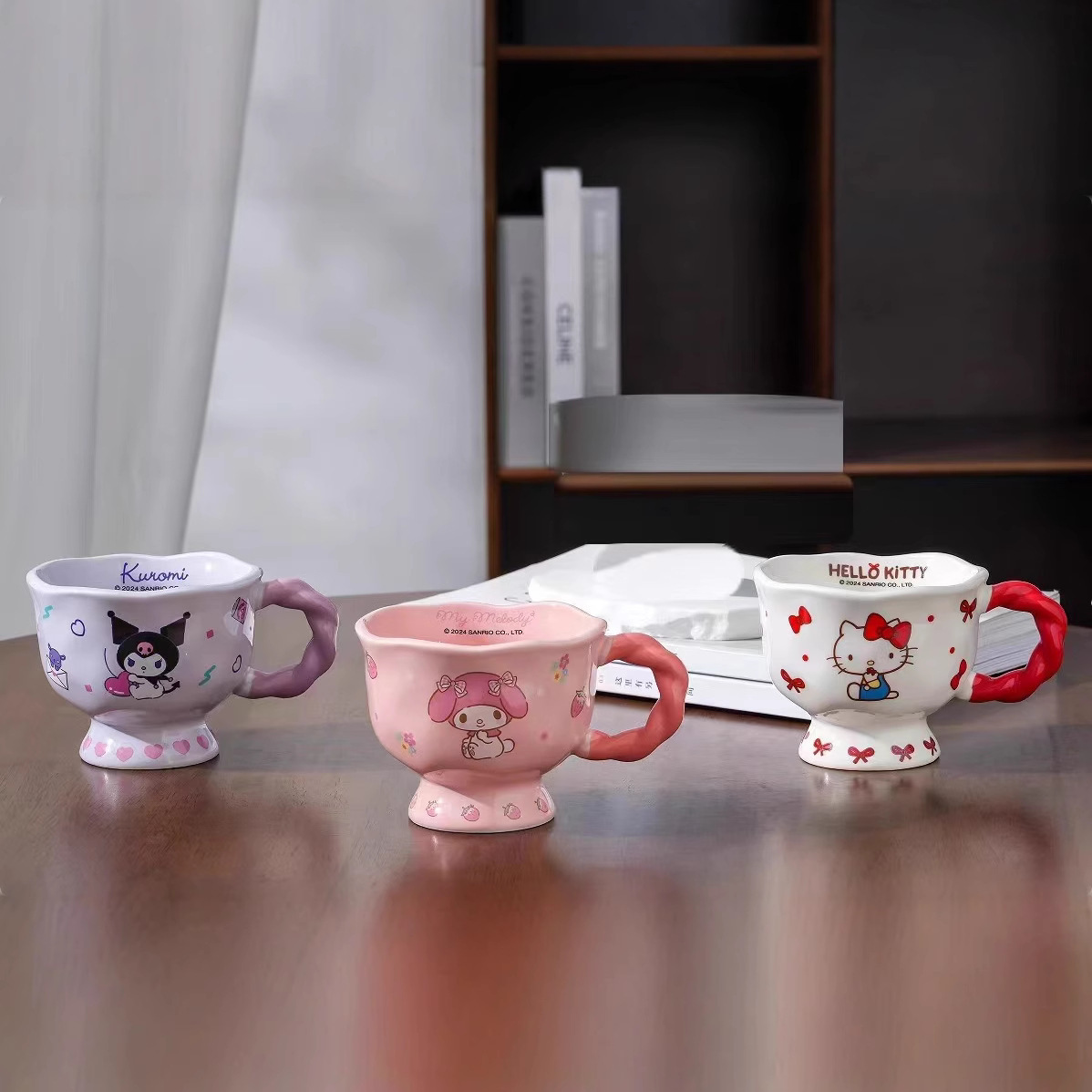 Sanliou tazas de agua potable de alto pie, tazas de oficina, tazas de cerámica, tazas de café lindas para mujeres.