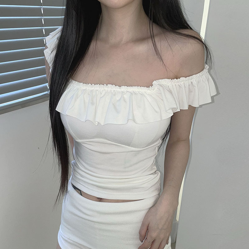 2024 Winter New Pure and Elegant Design Sense Ruffle Lace Low-cut Tight Flying Sleeve Pullover T-shirt Top