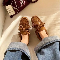 2025春秋新款 反绒皮船鞋女 平底苏穗流苏结防滑软底复古通勤单鞋