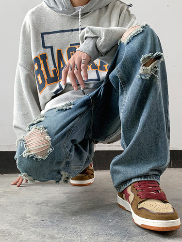 Euro-American vibe pants: High-street smoke-gray distressed denim jeans—men's autumnal American-style streetwear, featuring straight-leg, edgy, long-length designs.