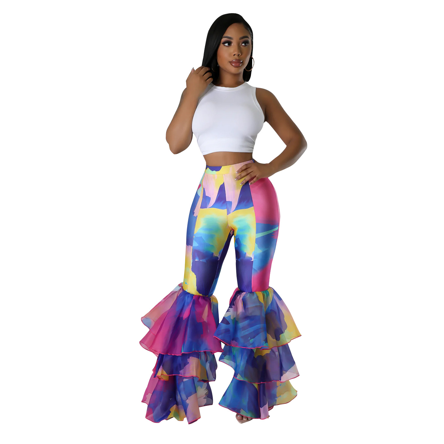 C6971 Cross-border AliExpress Amazon Independent Station Pantalones acampanados con estampado de mujer de moda europea y americana Pantalones de mujer con volantes image 7