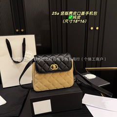 小香风麂皮口盖包包2025新款25A真皮菱格休闲百搭单肩斜挎小方包