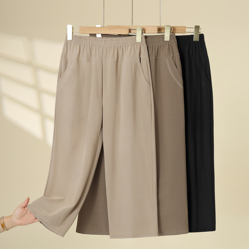 Middle-aged and elderly women's summer new elastic waist leggings, embroidered stylish pants, breathable cropped pants for mothers Middle-aged and elderly women's summer new elastic waist leggings, embroidered stylish pants, breathable cropped pants for mothers