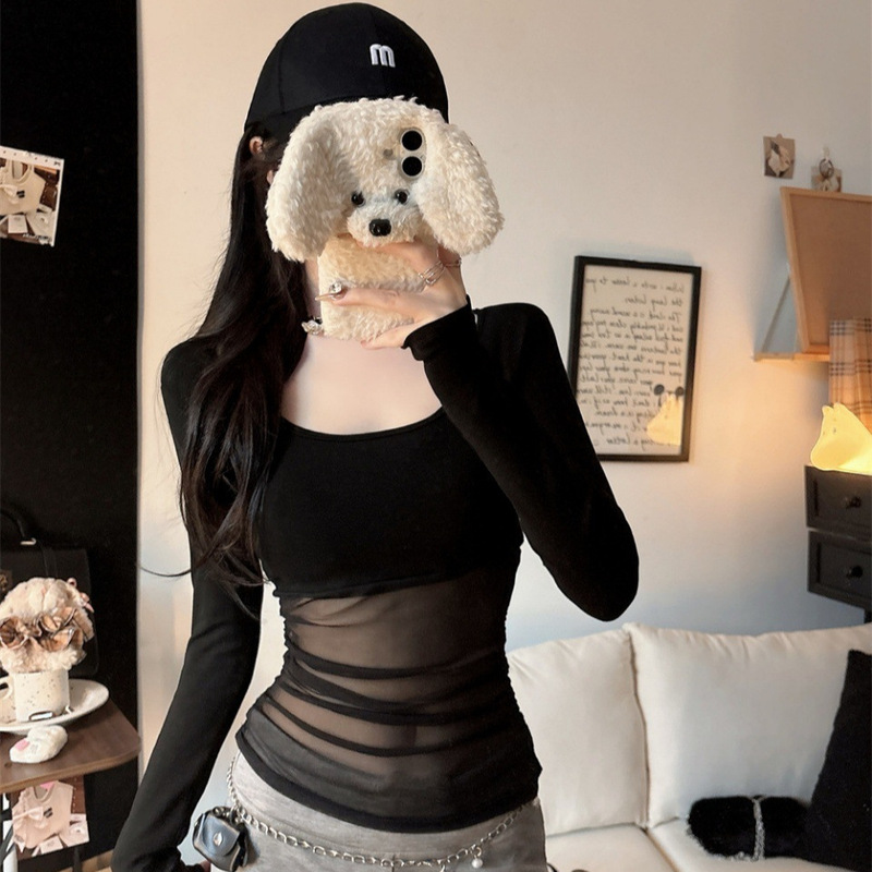 5166 # Early Autumn New Style Pure Desire Sexy Semi-Transparent Pleated Mesh Long-Sleeve T-Shirt for Women, Slim Fit with Fixed Chest Pads