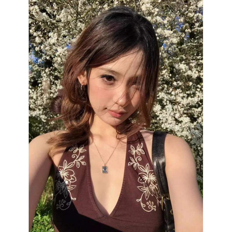 [210g 40 Count Fine Cotton 1*1] French Retro Flower Print Halterneck Vest Women's Summer Slimming Look Top