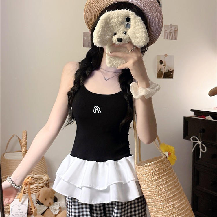 6980# Ballet Style Camisole Women's Pure Desire Ruffled Design Sense with Chest Pad Sleeveless Stacked Top