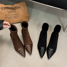 2025新款瘦瘦靴法式靴子女尖头粗跟中跟短靴极简绒面显瘦秋冬单靴