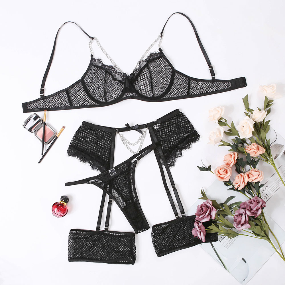 lace hanging grid see-through 4-piece sexy lingerie set NSHLN122307