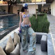 Real price! Hot and Spicy Trendy Front and Back Ripped Heavy Industry Straight Jeans Women's Old High Waist Wide Leg Pants