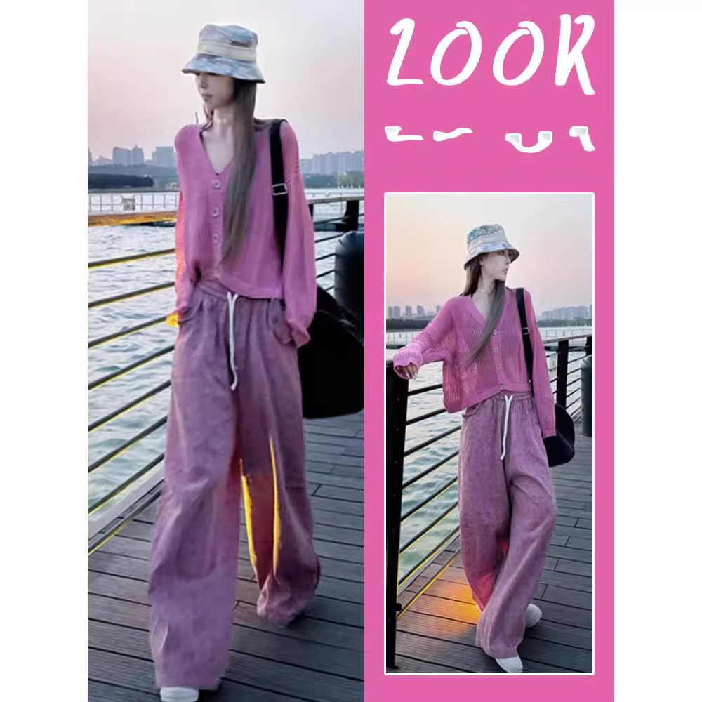 Pink Knitted Cardigan Floral Wide-Leg Pants Two-Piece Set for Women Summer Street Style Age-Reducing Fashion Casual Temperament Suit