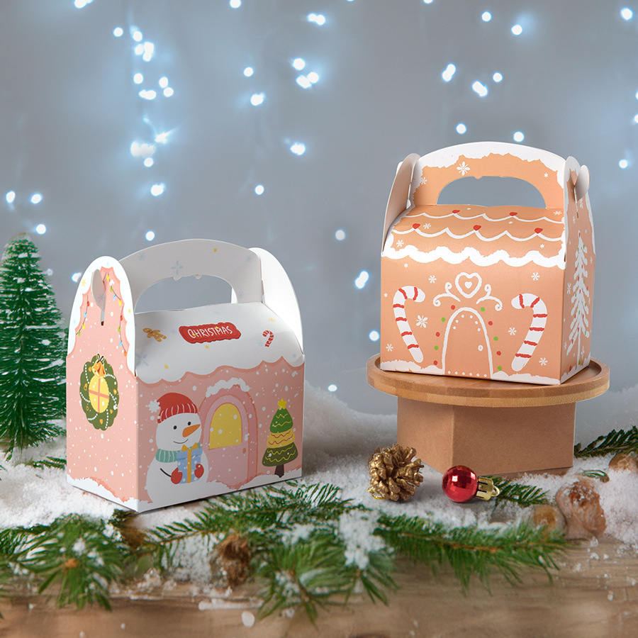 手提方形圣诞节礼品折叠纸盒现货可爱彩色圣诞涂鸦房子小糖果盒子