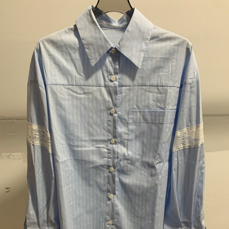 Shirt-controlled Aesthetic Accumulation French Romantic Lace Stitching Blue Loose Slimming All-match Striped Shirt for Women