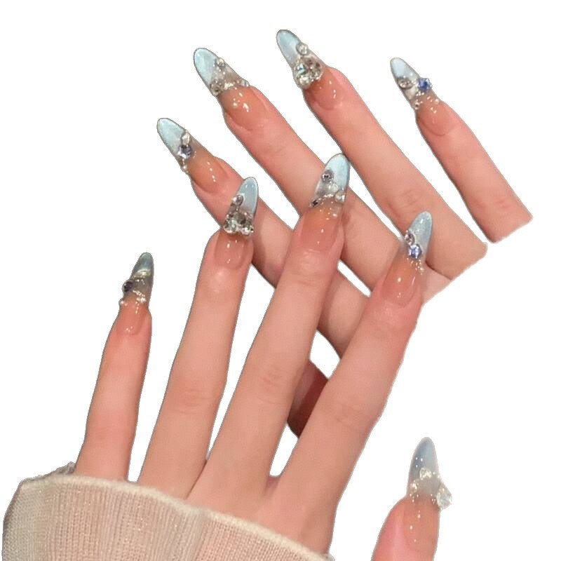 2025 nueva armadura de vestir azul ojo de gato azul marino estilo francés con uñas postizas de diamantes, uñas de vestir terminadas extraíbles