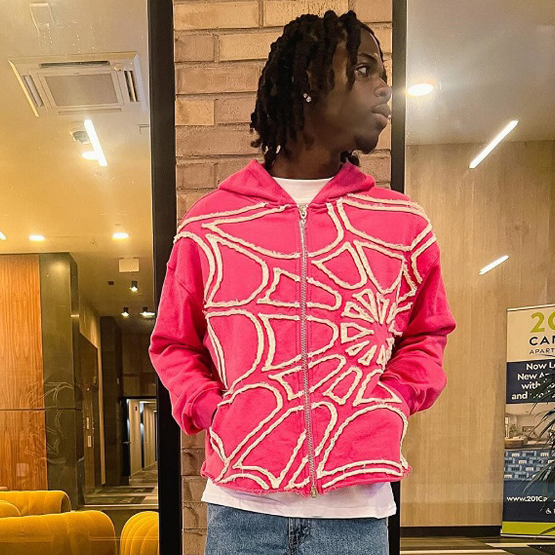 Herenkleding spinnenprint patchwork design losse rits capuchon trendy sport straat sweatshirt_voghion.com