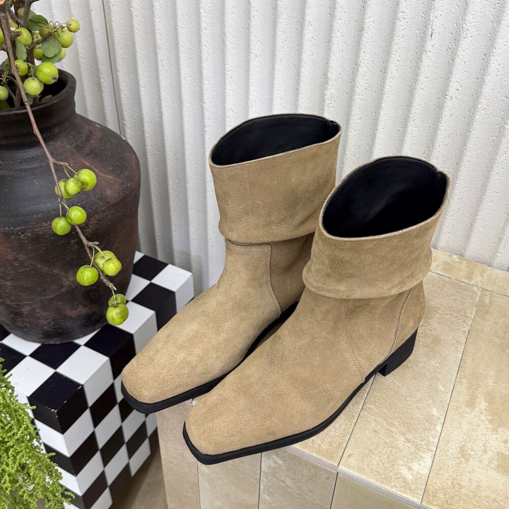 Sheepskin Version~Korean Retro Square Toe Push Boots Short Boots for Women 2025 New Thick Heel Western Cowboy Boots Boots