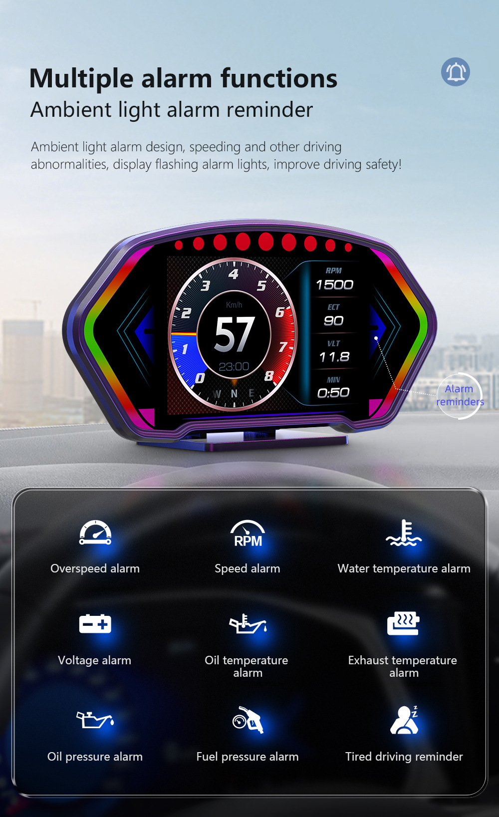HUD car head-up display multi-functional vehicle-mounted LCD inclinometer high-definition speed fuel consumption OBD+GPS instrument