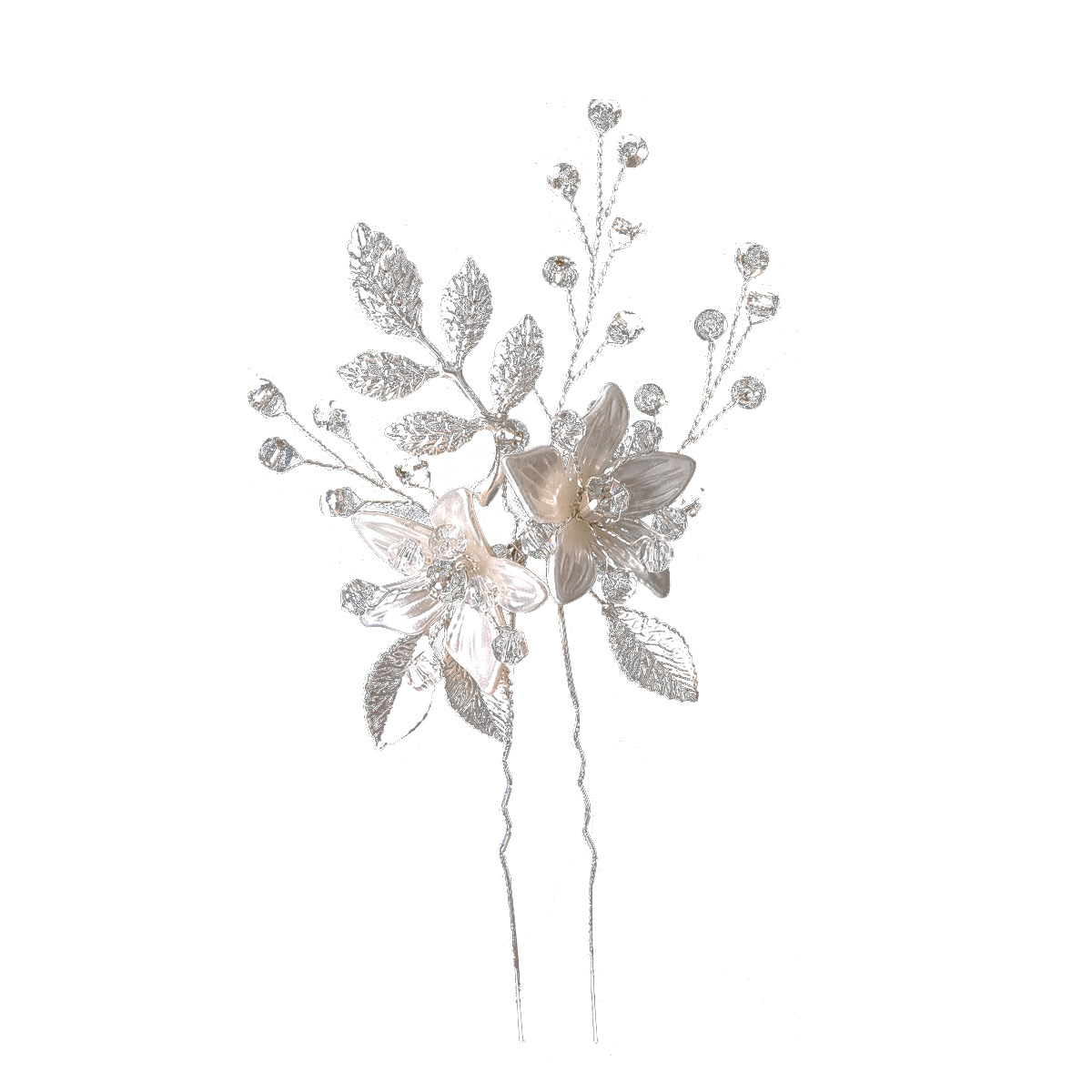 Glam, Wedding Style Gold, Silver Color Bridal Headwear White Flower Leaf Shape Transparent Crystal U-shaped Hairpin